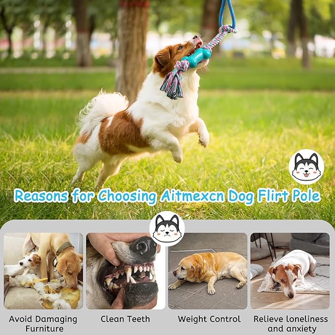 Aitmexcn Flirt Pole for Dogs Chase and Tug of War, Interactive Dog Toys for Large Medium Small Dogs, Dog Enrichment Toys with Rope Chewing Toys for Outdoor Training Playing Exercise