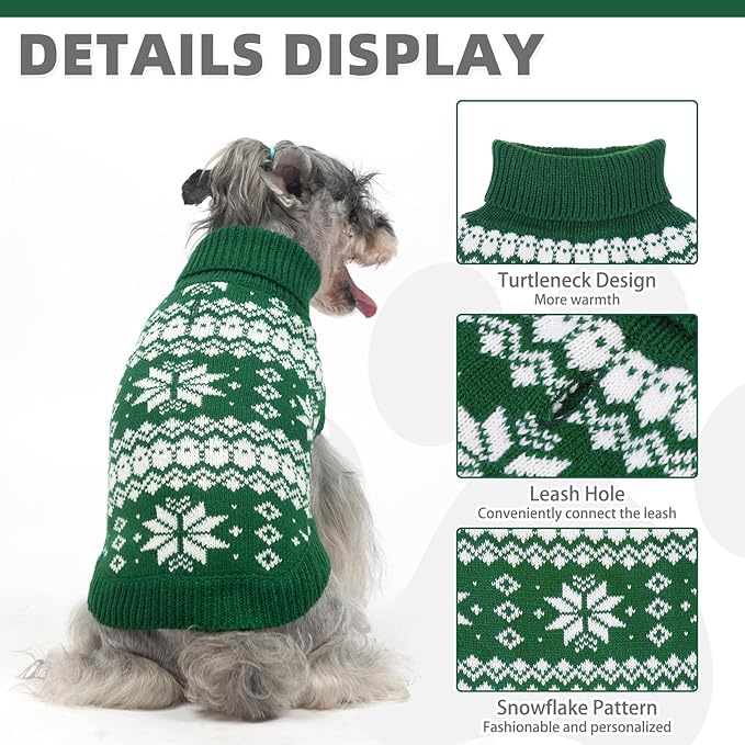 KOOLTAIL Cable Knit Dog Sweater Turtleneck, Cold Weather Pullover Classic Knitwear, Snowflake Pattern Thick Warm Winter Pet Clothes, Dog Christmas Sweater for Small Medium Large Dogs Cats,Green ML