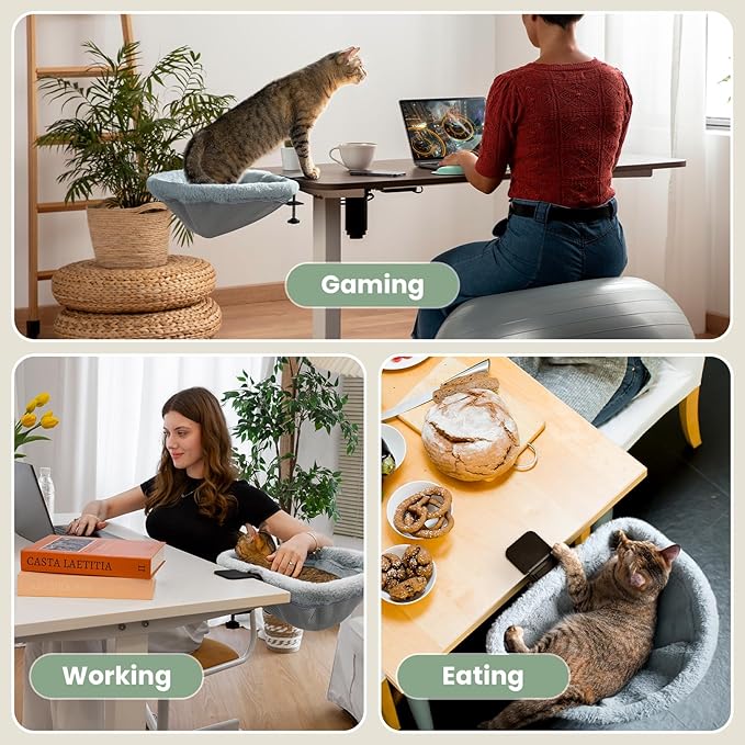 Cat Desk Bed - One-Click Folding,Sunken Design & Space-Saving Semi-Circular Cat Bed, Soft Faux Rabbit Fur Material, Suitable for Various Desktops-Maximum Hold Up to 40lb