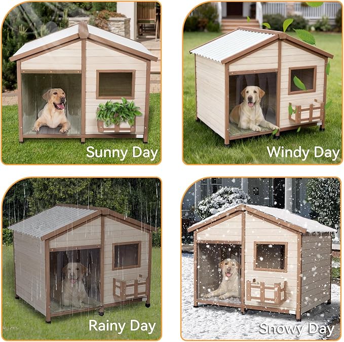 Petsfit All-Season Large Wooden Dog House Outdoor for Extra Large Breeds up to 200lbs, Insulated Weatherproof Shelter with PVC Roof & Elevated Floor, Easy Assembly, 47-Inch, Off-White