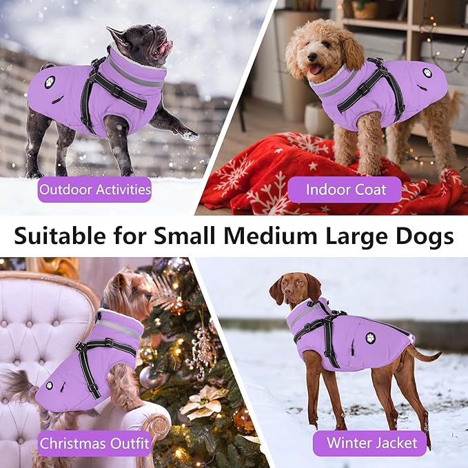 Dogcheer Dog Coat with Harness, Waterproof Dog Jacket, Reflective Puppy Winter Jacket with Pocket, Doggy Turtleneck Fleece Vest for Small Medium Large Dogs - Taro Purple, XS