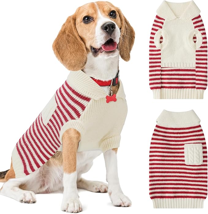 Small Dog Sweater, Knitted Striped Pullover Dog Clothes for Cold Weather, Thick Warm Cozy Stretchy Sweater for Chihuahua, Bulldog, Dachshund, Pug(Red & White Strip, S)