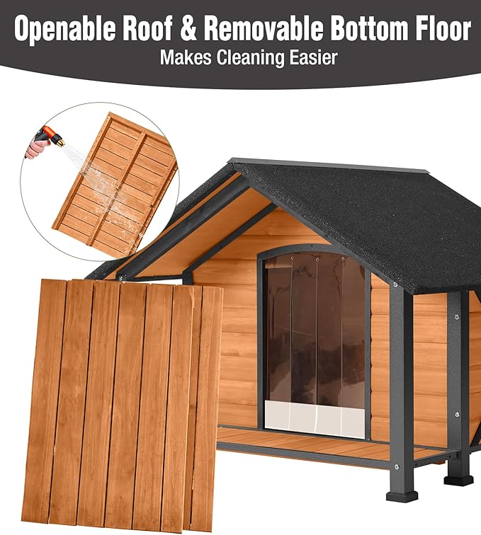 Dog House Outdoor with Porch, Anti-Chewing Iron Frame, Weatherproof Large Wooden Dog Kennel Outside with Openable Roof & Removable Floor, Elevated Base & PVC Curtain