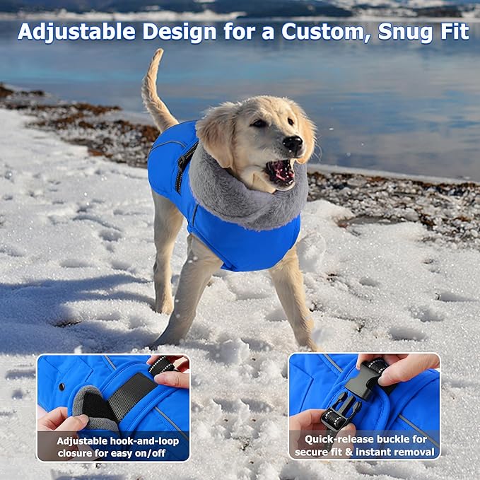 Dogcheer Dog Coat with Pocket, Waterproof Dog Jacket with Adjustable Buckle, Reflective Puppy Winter Coat Warm Turtleneck Fleece SnowJacket for Small Medium Large Dogs - Blue 2XL