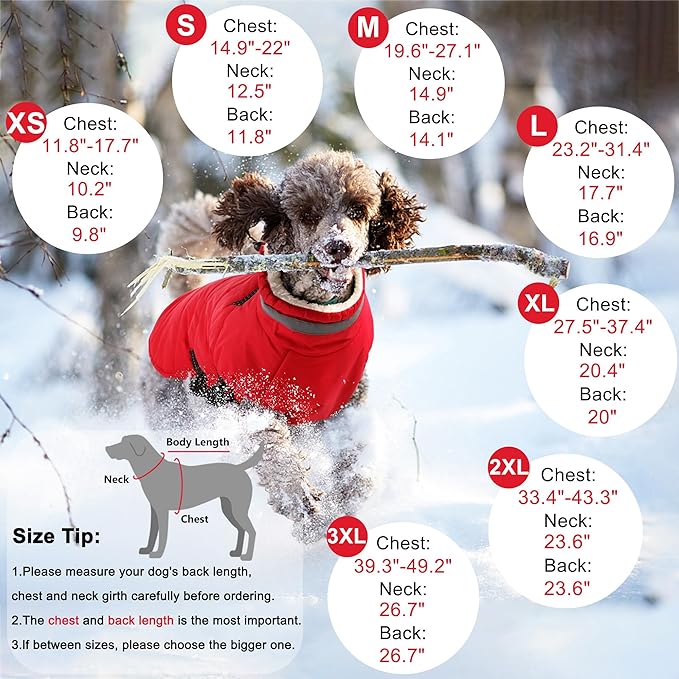 Dogcheer Dog Coat with Harness, Waterproof Dog Jacket Adjustable Pet Winter Coat with Zipper, Christmas Puppy Snow Jacket Fleece Sweater for Small Medium Large Dogs - Red 3XL
