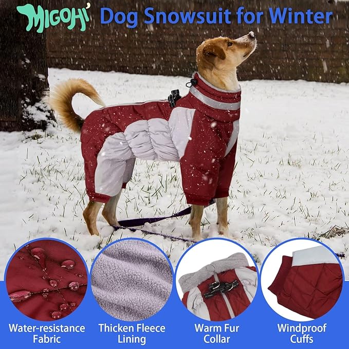 MIGOHI Full Body Dog Coat - Warm Reflective Winter Coat for Medium Dogs with Harness,Turtleneck Dog Fleece Jacket,Four-Leg Windproof Puffer Jackets Snowsuit with Zipper for Small Medium Large Dogs,M
