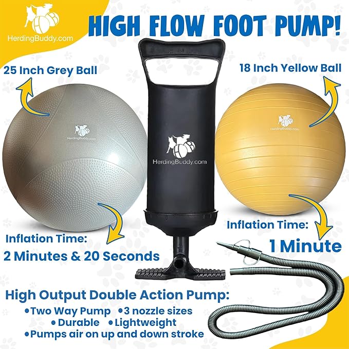 Herding Ball for Dogs - 25” Cover for Australian Shepard, Collie, Cattle & All Herding Dogs Over 27 Pounds - Heavy Duty Dual Layered Cover - Thick Anti-Burst Inner Ball - High Flow Foot Pump