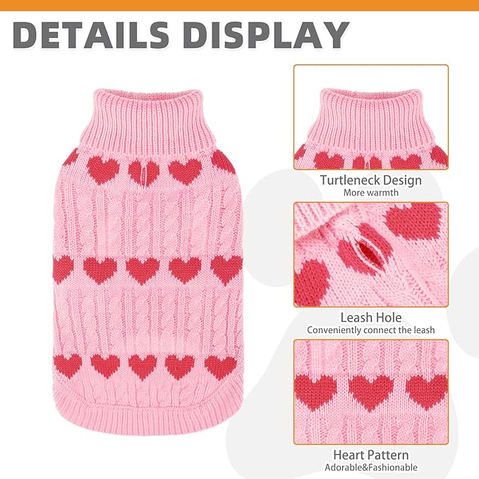 KOOLTAIL Cable Knit Dog Sweater Turtleneck, Cold Weather Pullover Classic Knitwear, Snowflake Pattern Thick Warm Winter Pet Clothes,Dog Christmas Sweater for Small Medium Large Dogs,Pink Heart ML