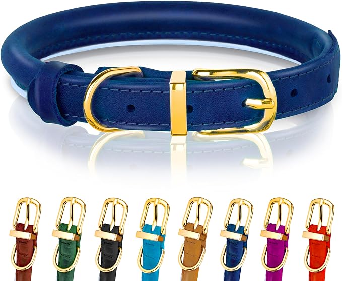 OOPSDOGGY Reflective Rolled Leather Dog Collar Adjustable Soft Padded Pet Collar for Small Medium Large Breed Dogs (Blue, XS, 8"-11")