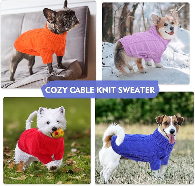 Queenmore Small Dog Pullover Sweater, Cold Weather Cable Knitwear, Classic Turtleneck Thick Warm Clothes for Chihuahua, Bulldog, Dachshund, Pug (Royal Blue, Large)