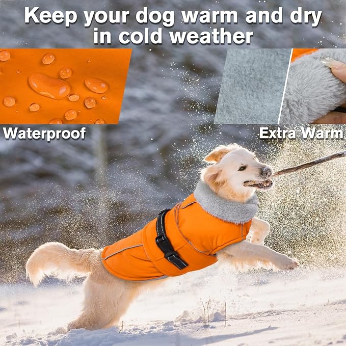 Lelepet Dog Coat Waterproof Dog Jacket Reflective Fleece Vest with Adjustable Buckle & Leash Hole Windproof Cold Weather Coats for Small Medium Large Dogs, Warm Hunting Vest, Orange, M