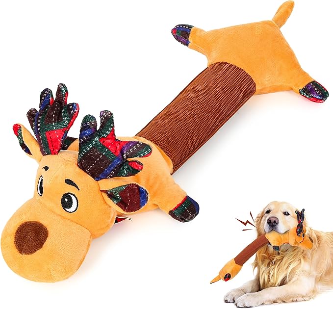 IOKHEIRA Christmas Dog Toys Squeaky Plush Crinkle Rope – Interactive Tug-of-War Chew Toy for Small Medium Large Breeds, Cute Holiday Reindeer Gift