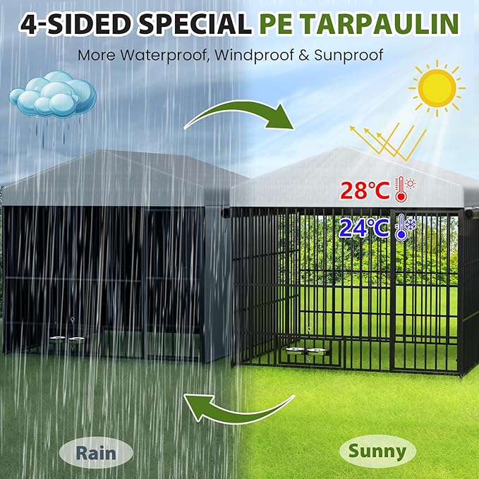 Rovibek Outside Dog Kenne with Roof 6.5x6.5x6.3 Ft, Outdoor Dog Kennel with 3 Sides Sun-Proof Cover,Large Dog Kennel Outdoor, Dog Run Enclosure with 2 Rotating Bowls for Large Dogs