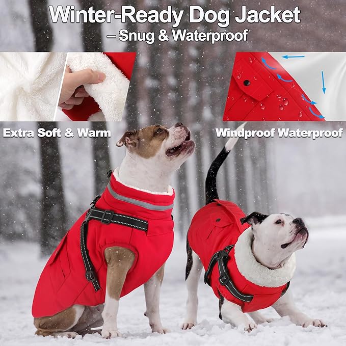 Dogcheer Dog Coat with Harness, Waterproof Warm Dog Winter Jacket with Pockets, Reflective Pet Fleece Jacket Turtleneck Snowsuit for Small Medium Large Dogs - Red, L