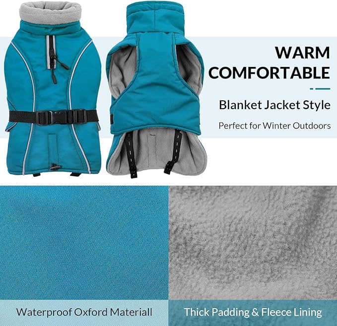 Queenmore XXL Dog Coat, Winter Jacket for Large Dogs, Waterproof Puffy Snowsuit, Adjustable Reflective Fleece Lining Warm Padding Parka for Cold Weather, Blue 3XL