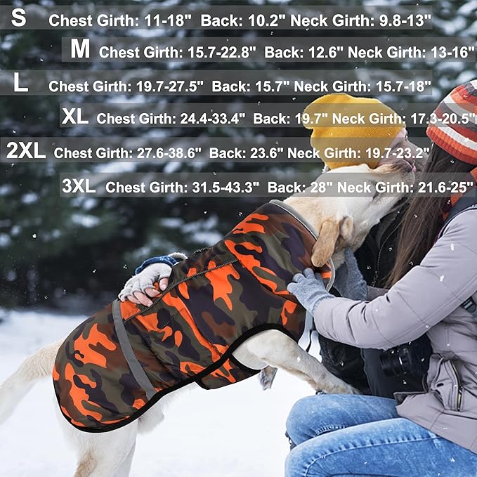 Dogcheer Warm Dog Coat, Waterproof Dog Jacket Christmas Puppy Winter Coat with Buckle, Reflective Adjustable Pet Snow Jacket Turtleneck Fleece Sweater for Small Medium Large Dogs - Orange Camo, XL