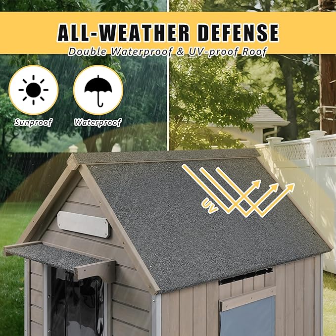 Large Dog House Outdoor, Wooden Indoor Dog House Kennel with Waterproof Roof, Chew-Proof Iron Frame, Doghouse Puppy Shelter for Medium Large Dogs, 30.5''x37.4''x39.3''