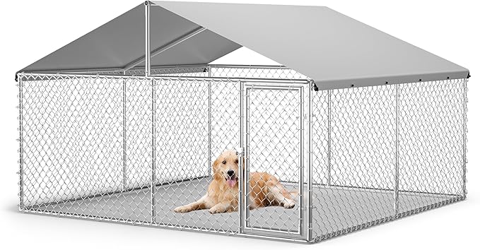 Large Outdoor Dog Kennel with Waterproof & UV-Resistant Roof, Galvanized Dog Kennel, Heavy Duty Dog Playpen for Outside Backyard Farm Use, 10x10x6ft