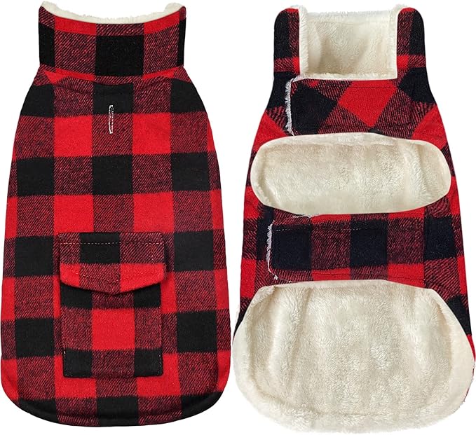 Malier Dog Winter Coat, Classic Plaid Fleece Dog Cold Weather Coats Dog Jacket with Pocket, Windprood Warm Dog Coat Vest Winter Pet Clothes Apparel for Small Medium Large Dogs (Red, XX-Large)