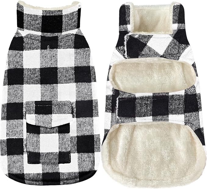 Malier Classic Plaid Fleece Dog Coat - Warm Winter Jacket with Pocket, Windproof for Small to Large Dogs (White, Large)
