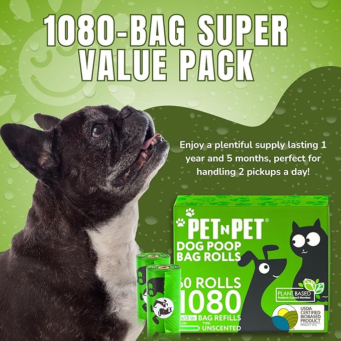 Pet N Pet 1080 Counts Poop Bags for Dogs, 41% Plant Based & 59% PE Extra Thick, Green Dog Poop Bags Rolls, 9" x 13", Unscented Pet Waste Bag