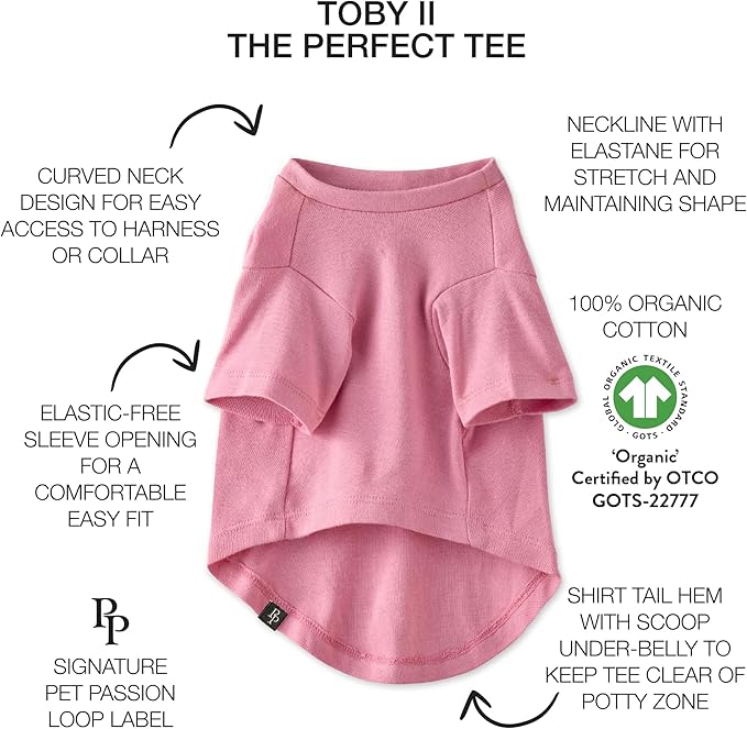 Toby II - The Perfect Tee, 8 Pack Short Sleeve Pet T-Shirt 100% Organic Cotton Tees Clothes for Small, Medium, Large Dogs, Rainbow Pink, X-Small