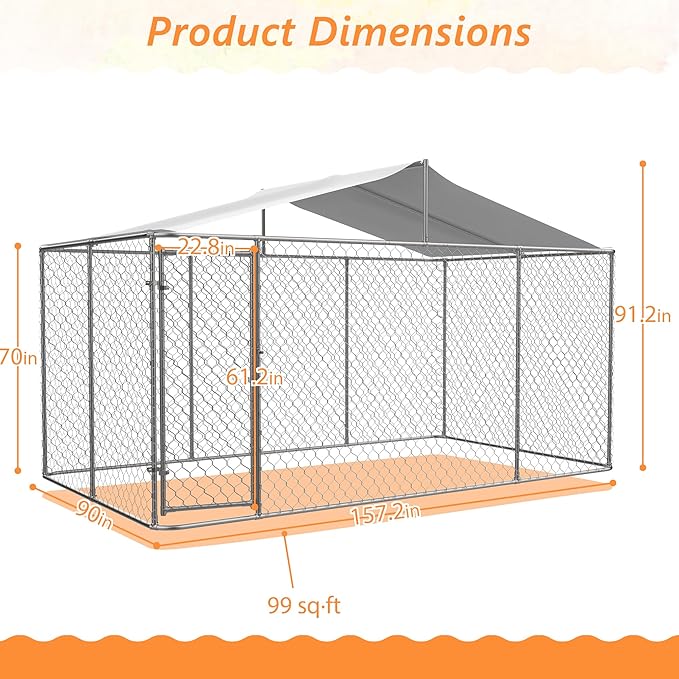 Outdoor Dog Enclosure,Heavy Duty Dog Kennel House Mesh Outside,Galvanized Chain Link Dog Run with Roof,Dog Cage Large Dogs,Dog Pen,Pet Kennel W/Waterproof Anti-UV Cover&Secure Lock for Large Dog