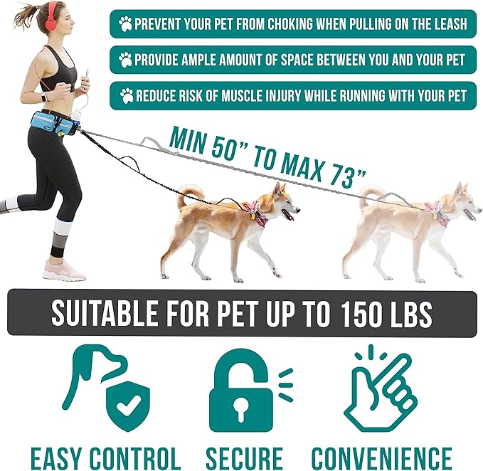 PetAmi Hands Free Dog Leash, Dog Running Leash Belt Bag for Walking, Jogging, Dog Waist Double Zipper Pouch with Poop Bag Dispenser, Dual Padded Handles Reflective Bungee Leash, Double (Turquoise)