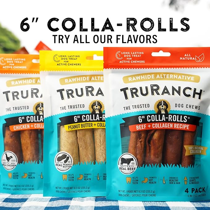 TRURANCH Collagen Rolls - 6" Collagen Rolls for Dogs - Long Lasting Healthy Joint Support - Rawhide Alternative - Skin & Coat Health - Made with Real Peanut Butter, Value Pack, 3 Bags, 12 Count