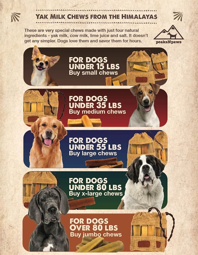 peaksNpaws Yak Cheese, High Protein, Himalayan Dogs Chews, Natural Dog Treats, Lactose Free, Long Lasting Dogs Treat for Aggressive Chewers Under 55 lbs 20 Large Chew Sticks