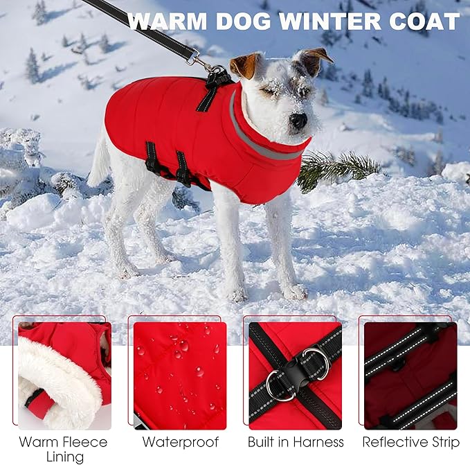 Large Dog Coat with Harness Built-in, Waterproof Reflective Fleece Lined - Warm Windproof Winter Jacket with Back Zipper, Cold Weather Snow Dog Coats - Red - 3XL