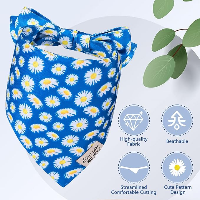 SCENEREAL Summer Daisy Floral Dog Bandana, Double Side Dog Scarf for Small Medium Large Dogs Cats Puppy,Holiday Bandanas for Dogs Boys Girls, Premium & Soft Fabric Pet Accessories for Birthday