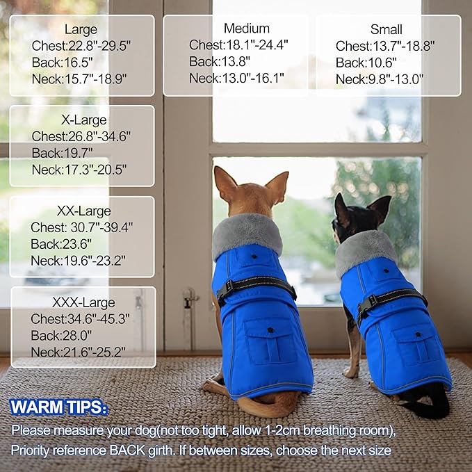 Dogcheer Dog Coat with Pocket, Waterproof Dog Jacket with Adjustable Buckle, Reflective Puppy Winter Coat Warm Turtleneck Fleece SnowJacket for Small Medium Large Dogs - Blue XL