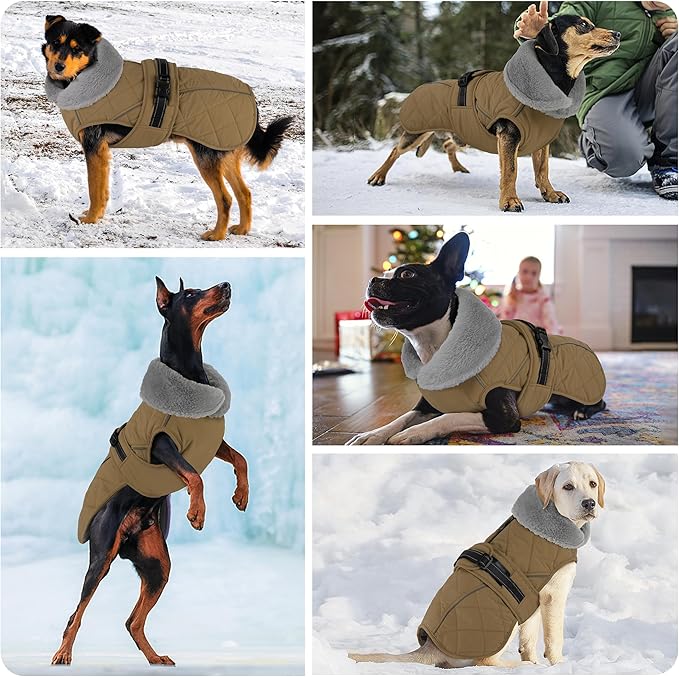 Dog Coat, Waterproof Dog Winter Jacket with Adjustable Buckle, Reflective Turtleneck Pet Snow Vest Warm Fleece Sweater for Small Medium Large Dogs - Khaki, 3XL