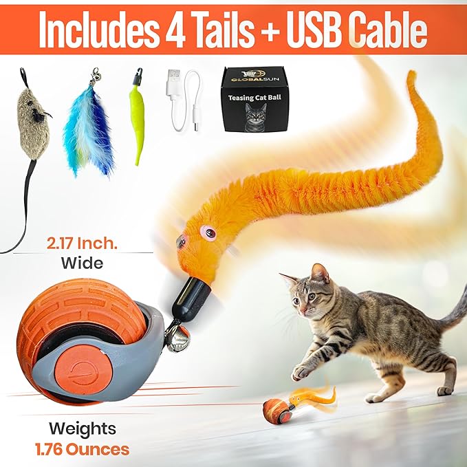 Motion Activated Self-Moving Cat Toy Ball – GlobalSun Speedy Tail 2.0 Automatic Rolling Ball Cat Toy with Mouse & Feather Tails, USB Rechargeable Interactive Toy for Indoor Cats