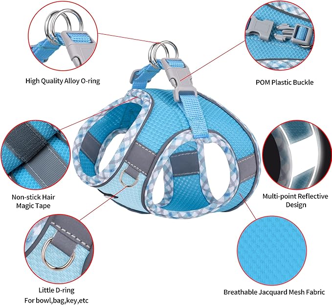 AIITLE Teacup Puppy Harness with Leash - Adjustable Soft Vest with Magic Tape & Reflective Safety Strips, Easy-Put-On for Poodles, Pomeranians - Gym, Hiking, Travel (Blue, S)