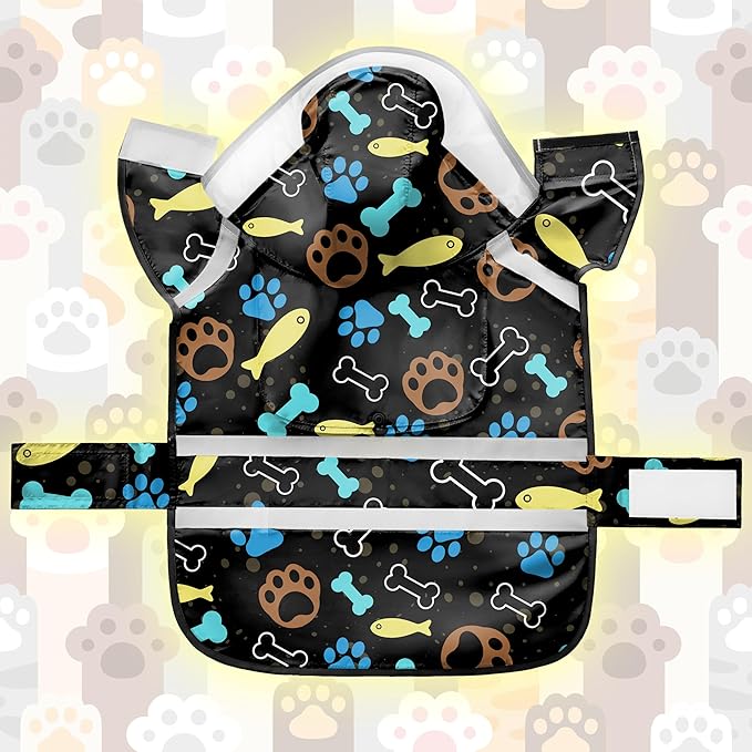 Dog Raincoat, Adjustable Rain Jacket with Hooded Double Layer for Large Medium Small Dogs Puppies, Lightweight Waterproof Rain Coat Poncho with Reflective Stripe Paw Print Black,M