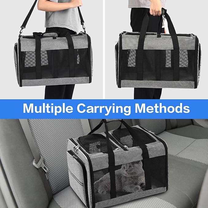 Portable 2-in-1 Pet Carrier,Double Compartment Cat & Dog Carrier for 2 Cats,Expandable Medium Dogs Large Cat Carrier with Sturdy Base,Breathable,Good for Traveling Walking Camping（Grey）