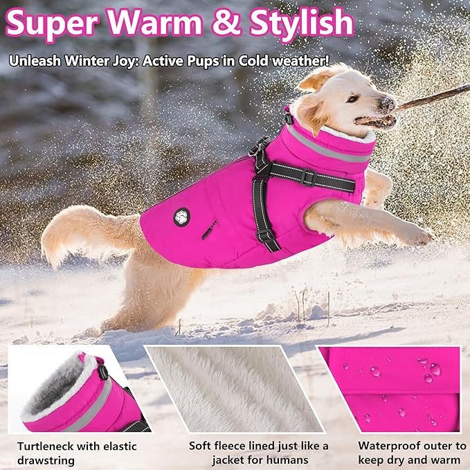 Dogcheer Dog Coat with Harness, Waterproof Dog Jacket Christmas Pet Winter Coat with Pockets, Reflective Doggy Turtleneck Fleece Jacket for Small Medium Large Dogs - Pink, S