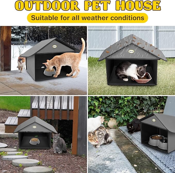 Dreyoo 1 Pack Outdoor Cat Feeding Station for Food & Water, Weatherproof Outdoor Kitty Dining Room Cat Shelter for Stray, Feral Cats and Community Cats, 13”d x 17”w x 15.5'h (Dark Grey)
