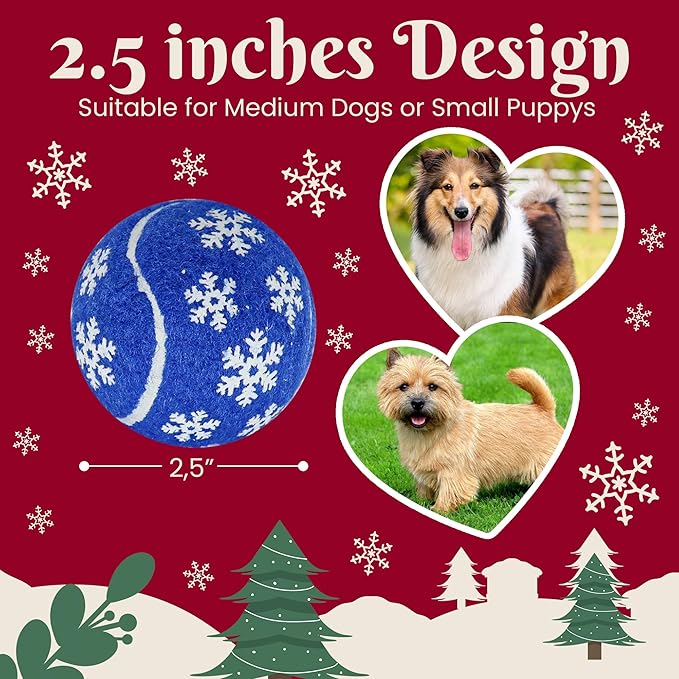 Christmas Dog Balls, 12 Pack 2.5'' Squeaky Tennis Balls for Dogs | Gift for Puppy Birthday & Christmas Decoration, Come with Mesh Bag, Small Medium Large Breeds