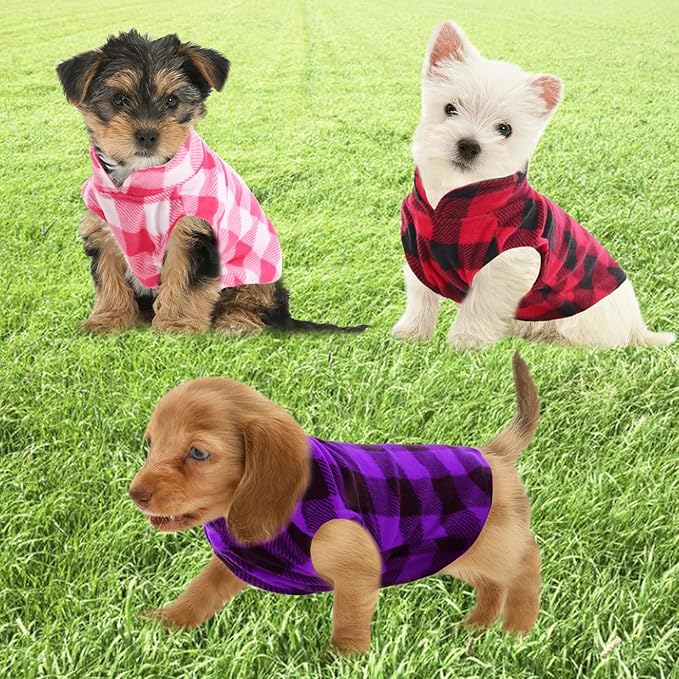 Kama Bridal 3 Pack Dog Coat - Spring, Autumn, Winter - Fleece Vest for Cats & Small/Medium Dogs - Red, Pink, Purple Plaid (L)