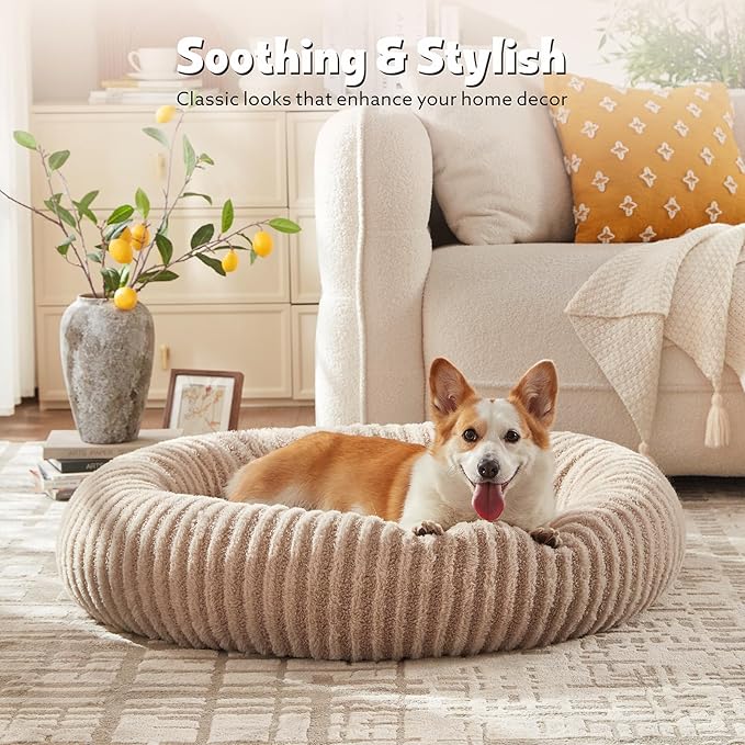 MIXJOY Dog Bed Medium Size Dogs, Washable Medium Dogs Bed with Removable Cover, Cozy Donut Dog Ded Fluffy Plush Faux Fur Pet Bed with Anti-Slip Bottom, 30"x30"x8", Beige