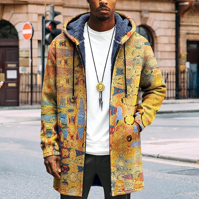 LIZALIG Long Hooded Cardigan Men Japanese Art Style Fashion Cool Graphic Coats Winter Warm Lined Fleece Jacket