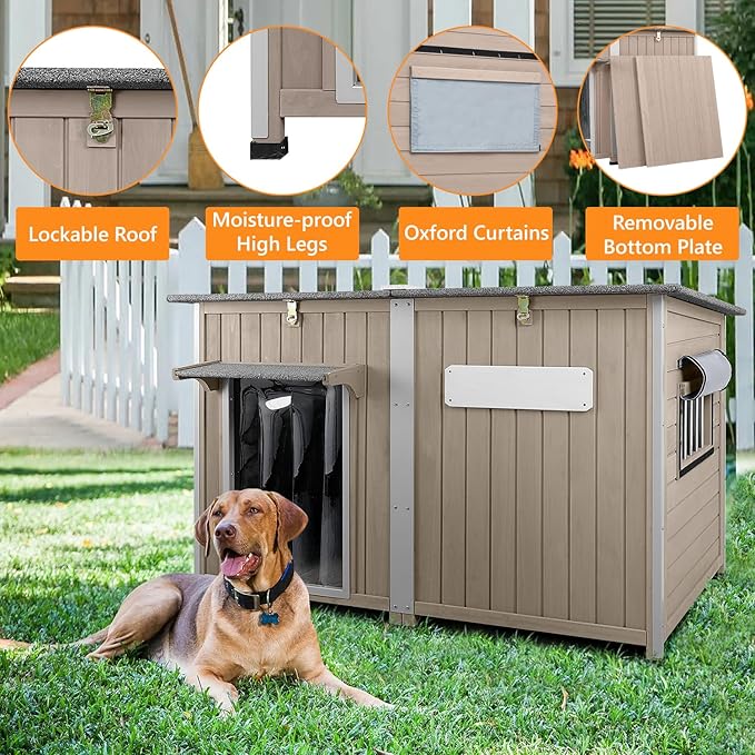 55" L Extra Large Dog House Outdoor with Window, XL Dog House Pet Shelter for Large Breed with Anti-Chewing Frame, Openable Roof, Removable Floor, 10 Support Feet for Medium to Large Dogs