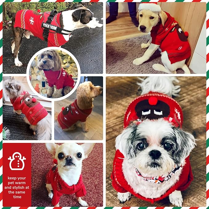 PETCARE Dog Christmas Sweater Red Ugly Funny Cute Cartoon Reindeer Cat Sweaters Jumper Holiday Dog Clothes Puppy Sweaters for Small Medium Large Dogs Fall Winter Outfits Xmas Dogs Costume,Medium