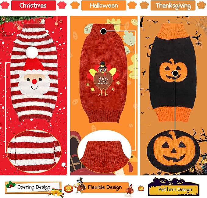 Sanwuta 3 Pieces Halloween Thanksgiving Christmas Dog Sweaters Sets Pumpkin Turkey Santa Puppy Dog Clothes Pet Knitwear for Dog Cat Pet Costume(X-Large)