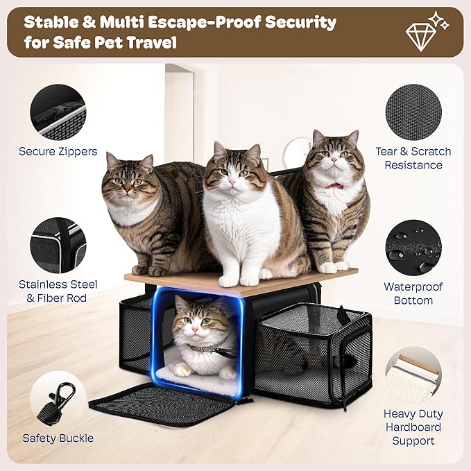 Top and 2 Sides Expandable Cat Carrier 17x11x11, TSA Airline Approved Dog Carriers for Medium Dogs, Soft-Sided Pet Carrier with Self-Locking Zippers for Kitten,Rabbit, Puppy, Guinea Pig Black White