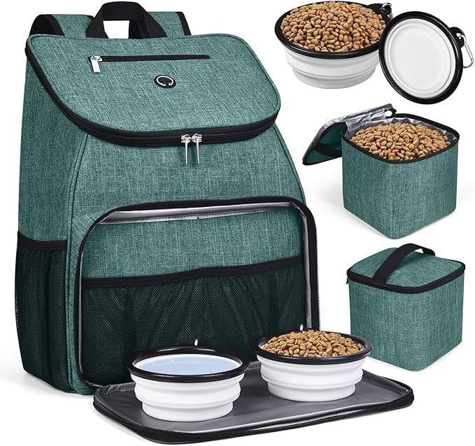 BAGLHER丨Dog Travel Bag, Airline Approved Pet Supplies Backpack, Dog Travel Backpack Accessories Set with 2 Silicone Collapsible Bowls and 2 Food Baskets. Green