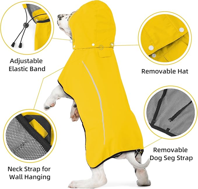 Mile High Life Dog Raincoat, Adjustable Waterproof Pet Rain Jacket, Reflective Hooded Poncho for Small Medium Large Dogs, Lightweight Breathable Pet Rain Coat (Yellow,S Chest 18"-22")